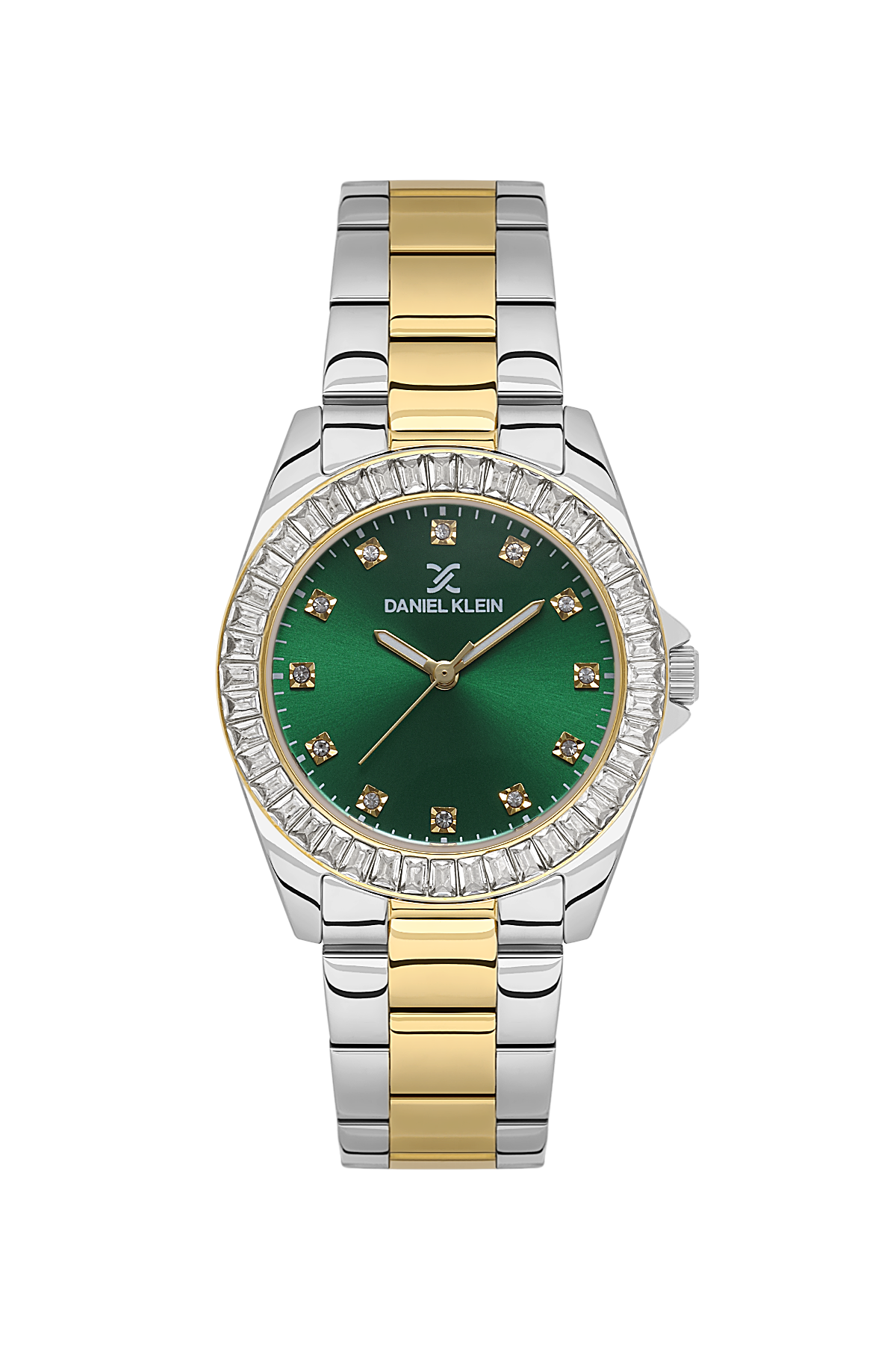 Two-tone watch with green face and diamond accents on a white background