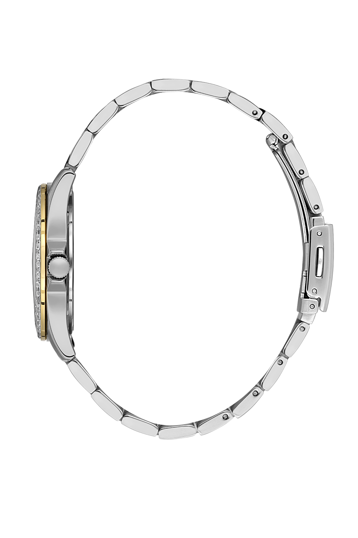 Close-up of a silver watch band on a white background