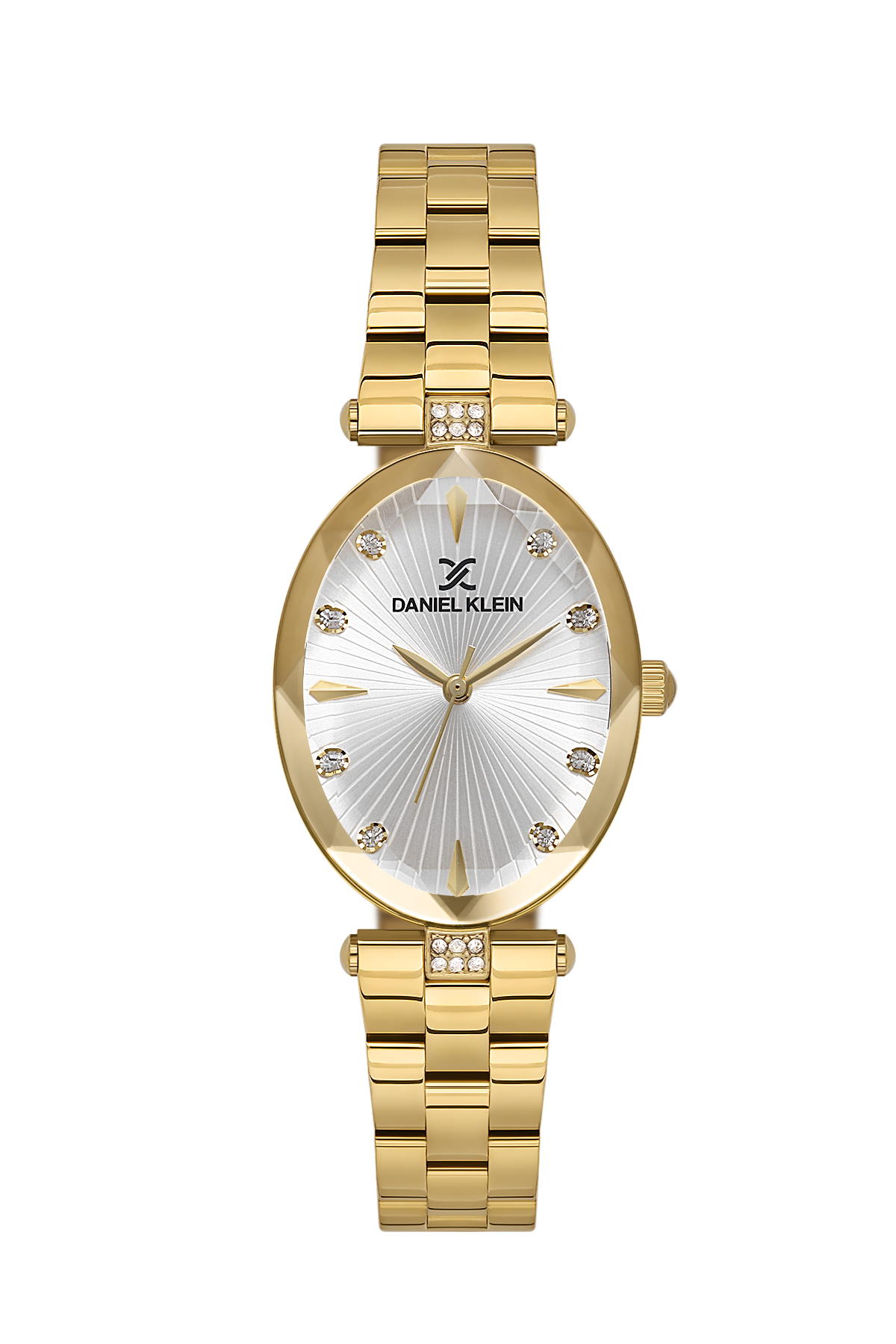 Gold wristwatch with a silver face on a white background