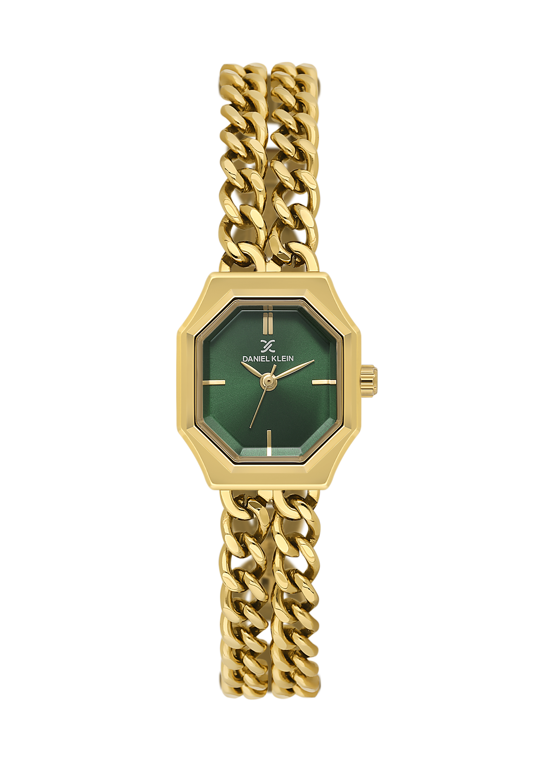 Gold chain watch with a green face on a white background