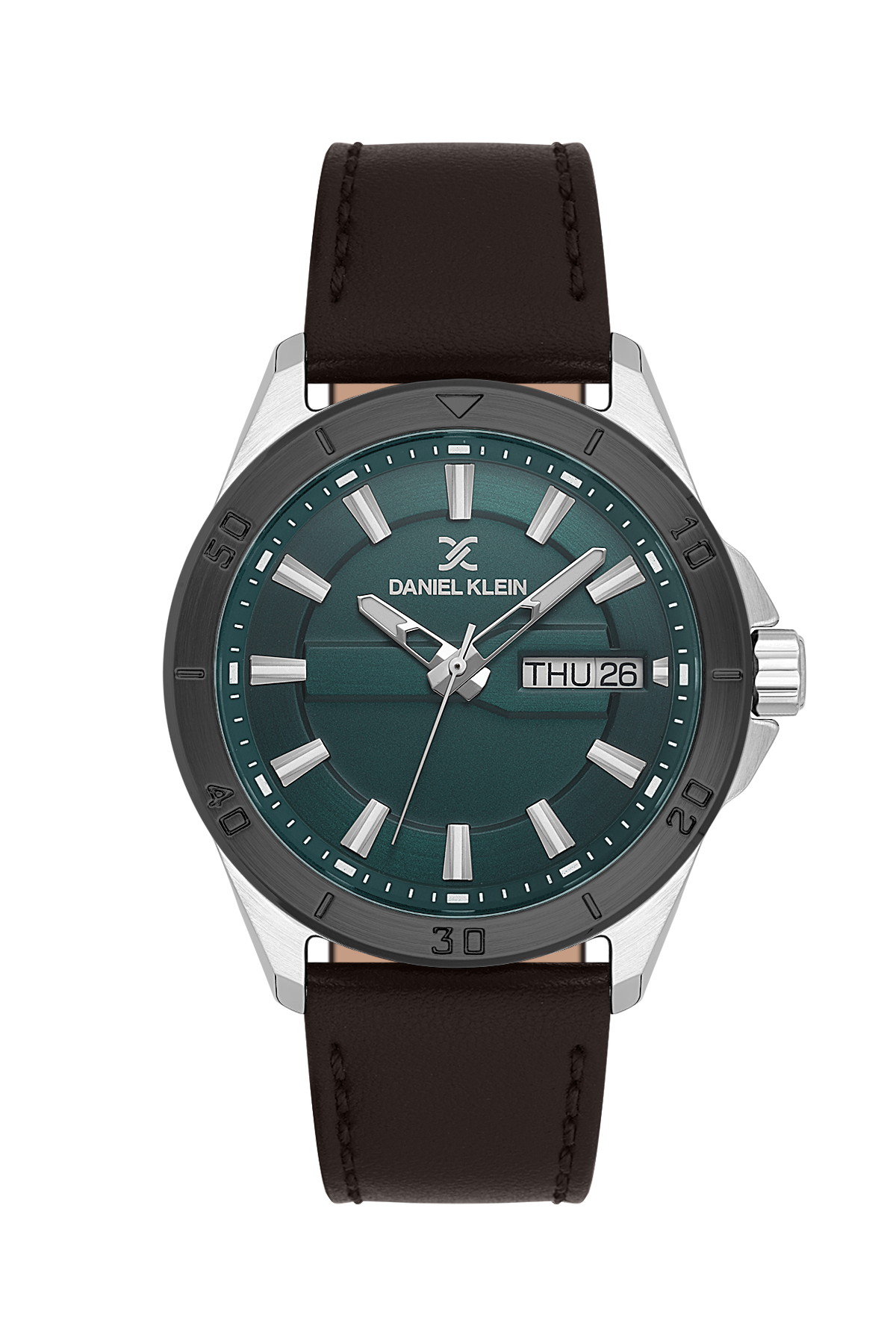 Daniel Klein watch with green dial and brown leather strap on white background