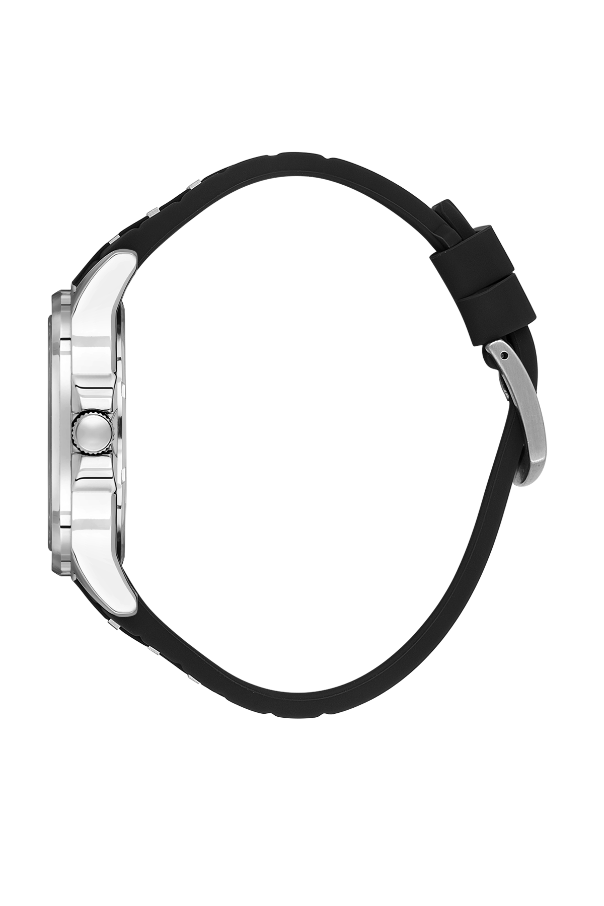Watch with black strap and silver case on a white background