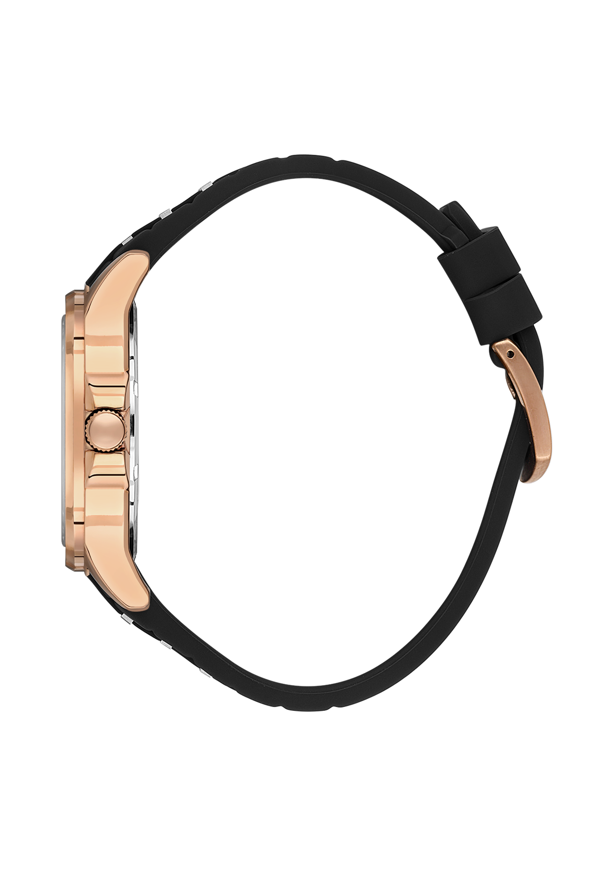 Rose gold watch with black strap on a white background
