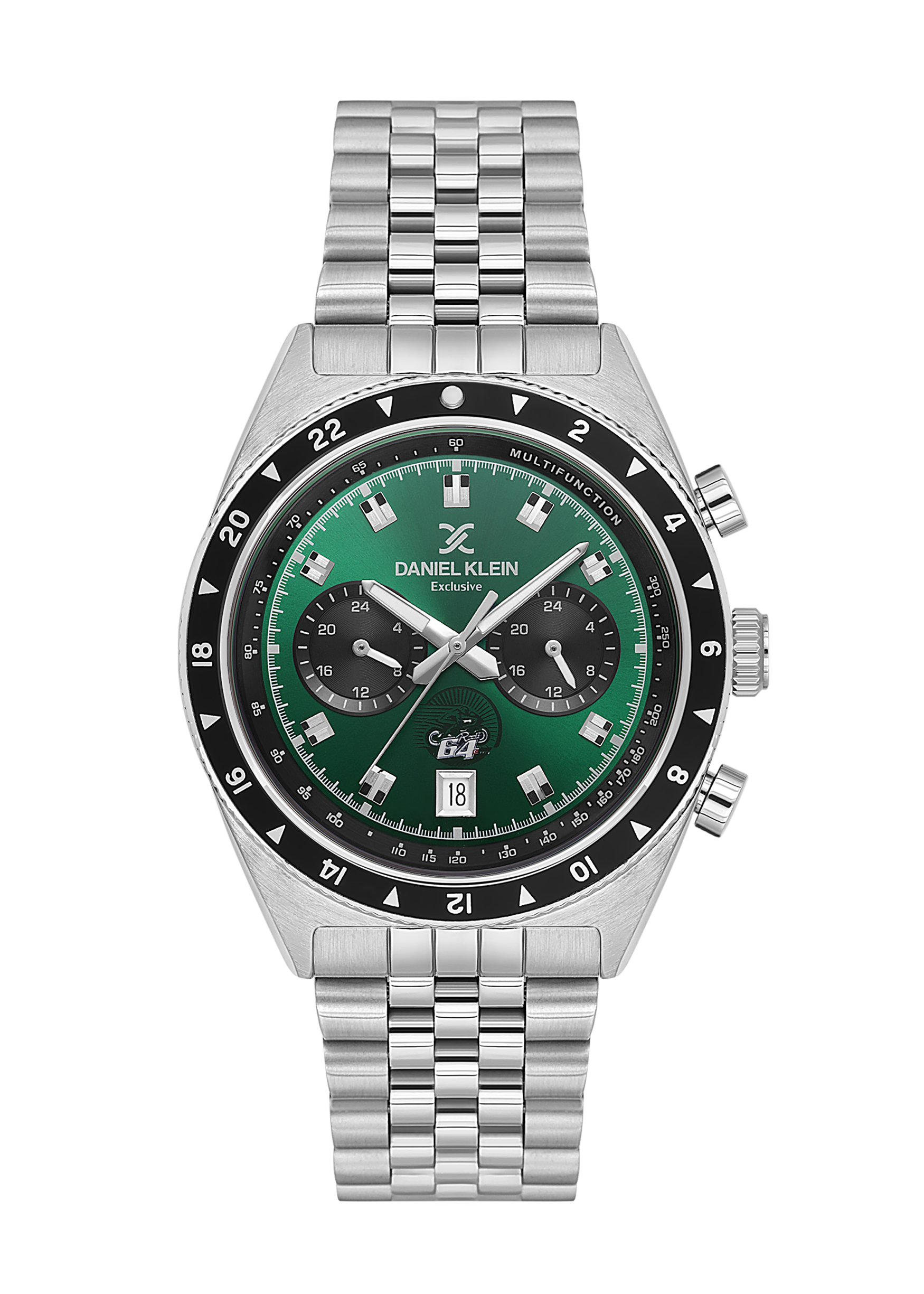 Silver watch with a green face on a white background
