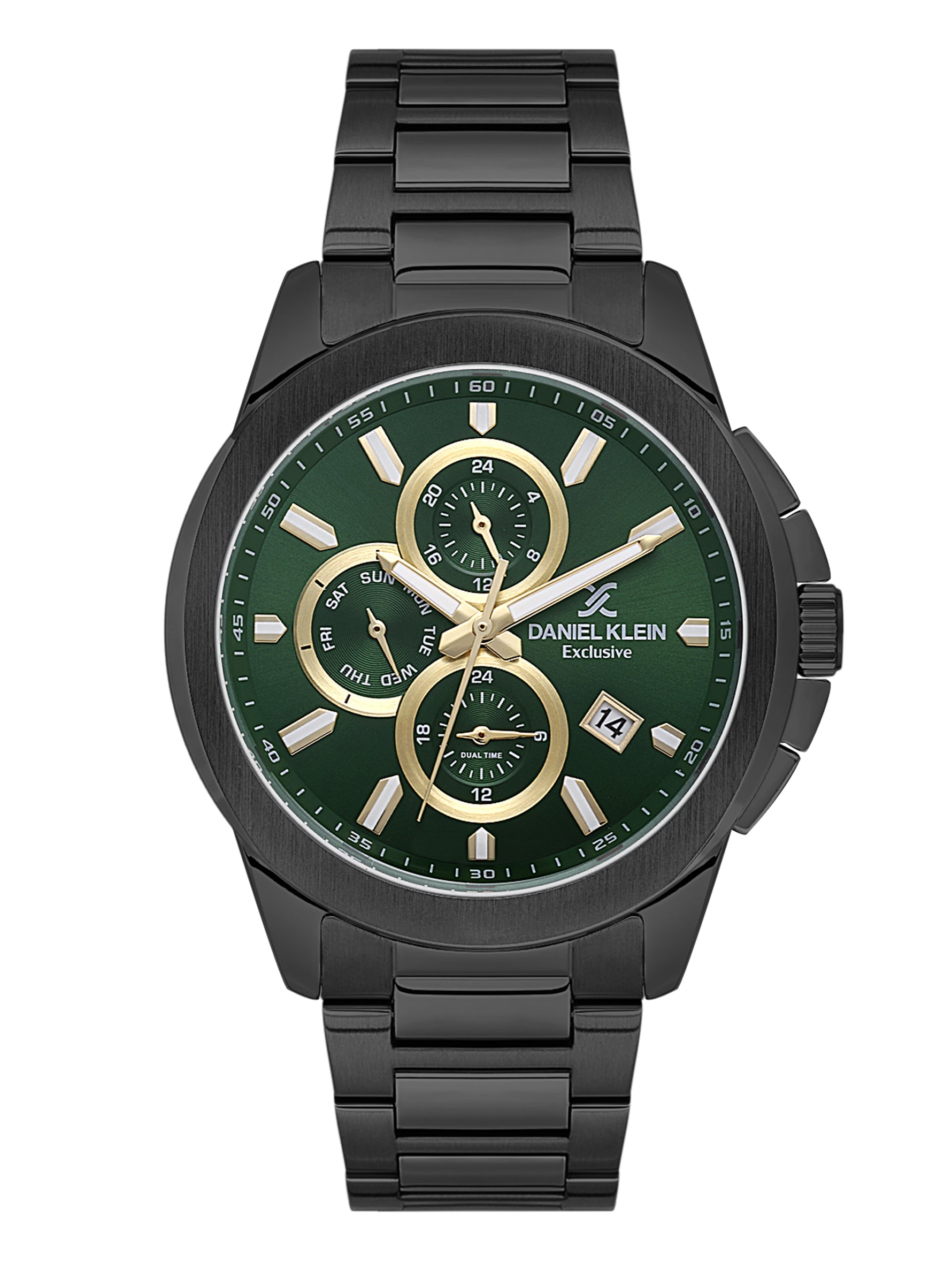 Black watch with green dial and gold accents on a white background
