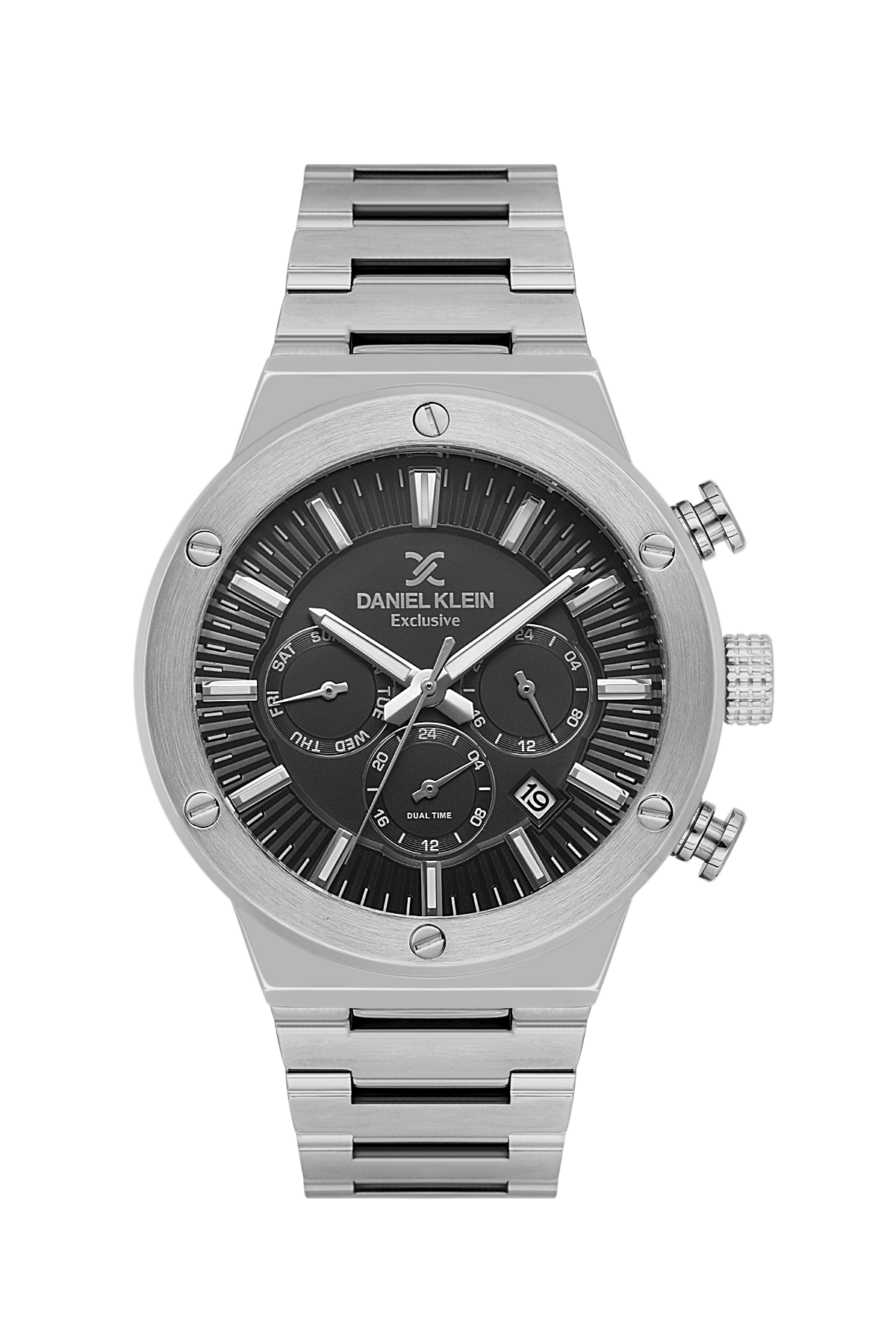 Silver watch with black face on a white background