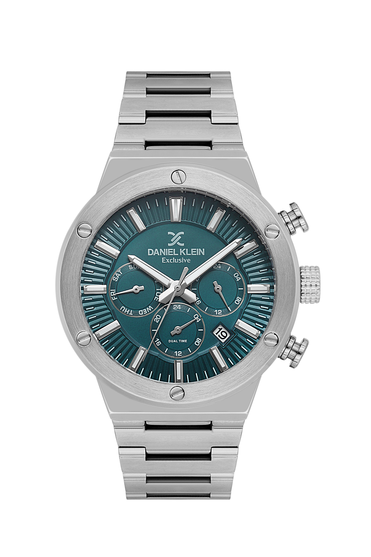 Silver watch with blue dial on a white background