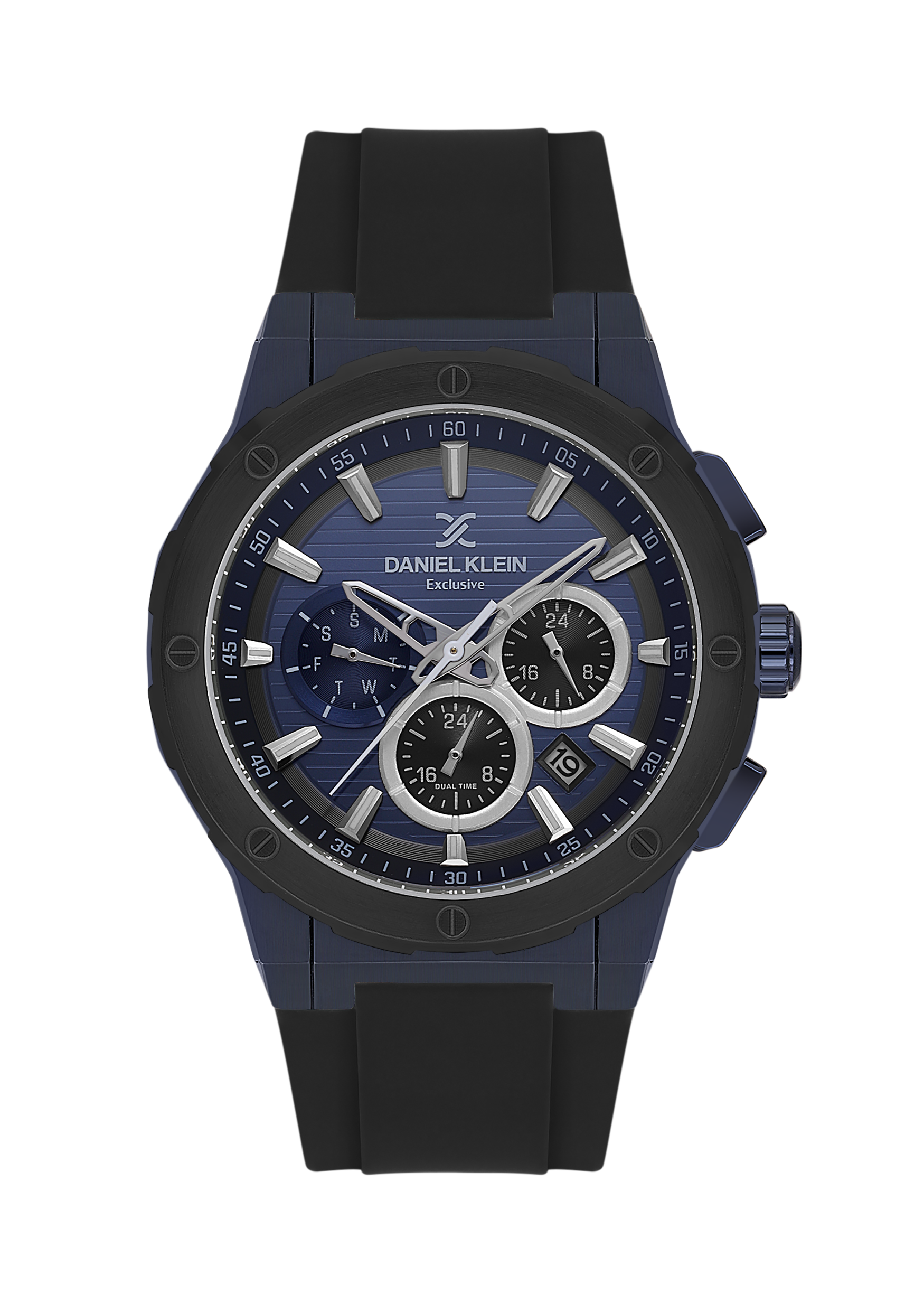 Blue watch with black strap on a white background