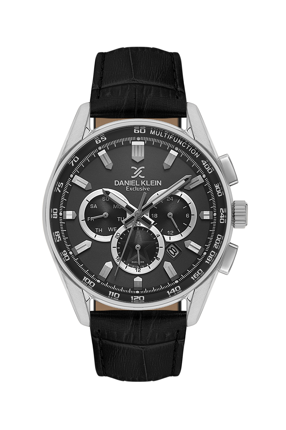 Black wristwatch with silver case and detailed face on a white background, brand 'Daniel Klein' visible.