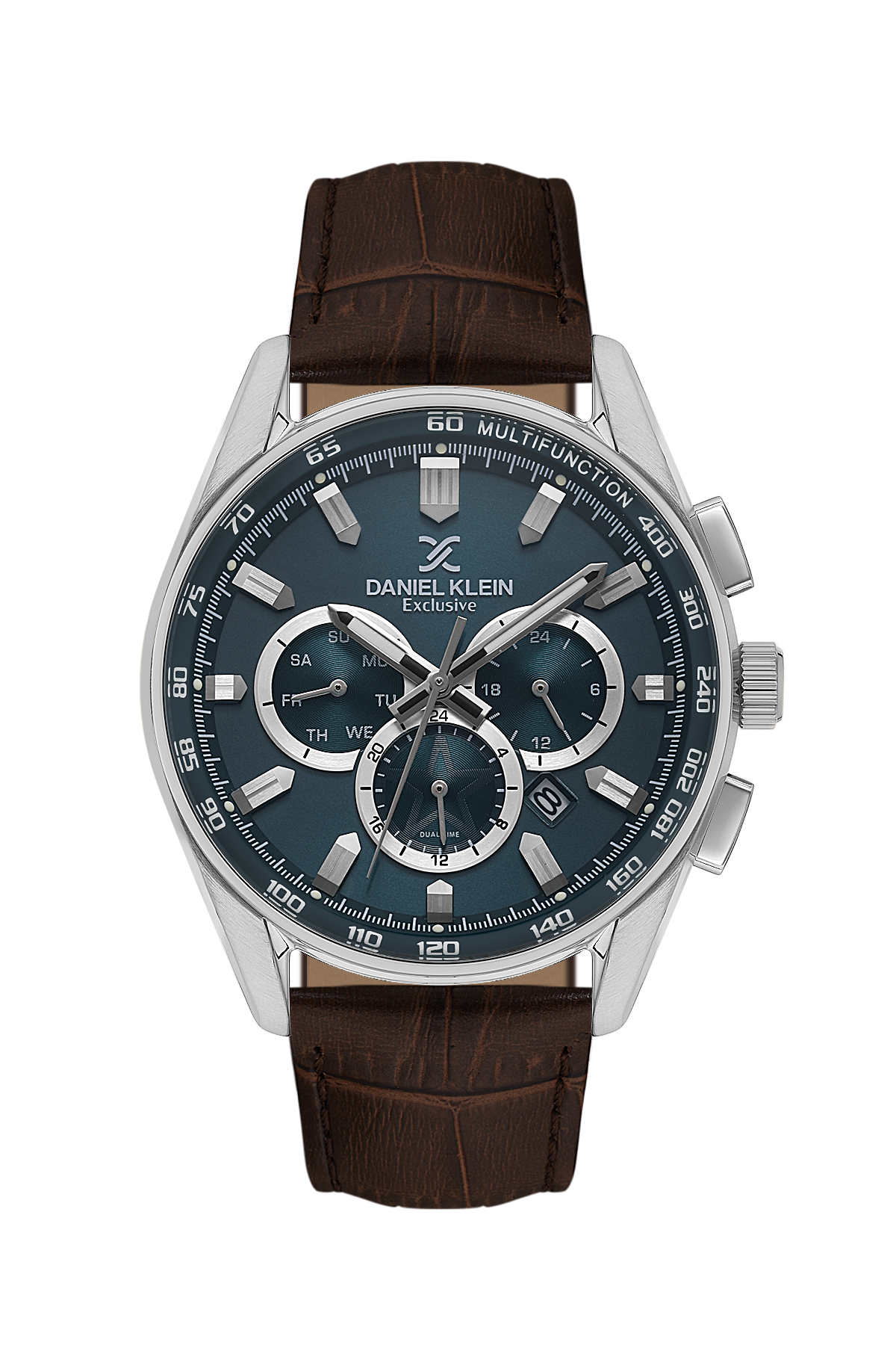 Daniel Klein watch with brown leather strap and blue dial on white background