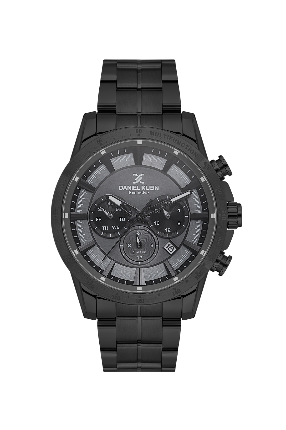 Black watch with detailed face on a white background