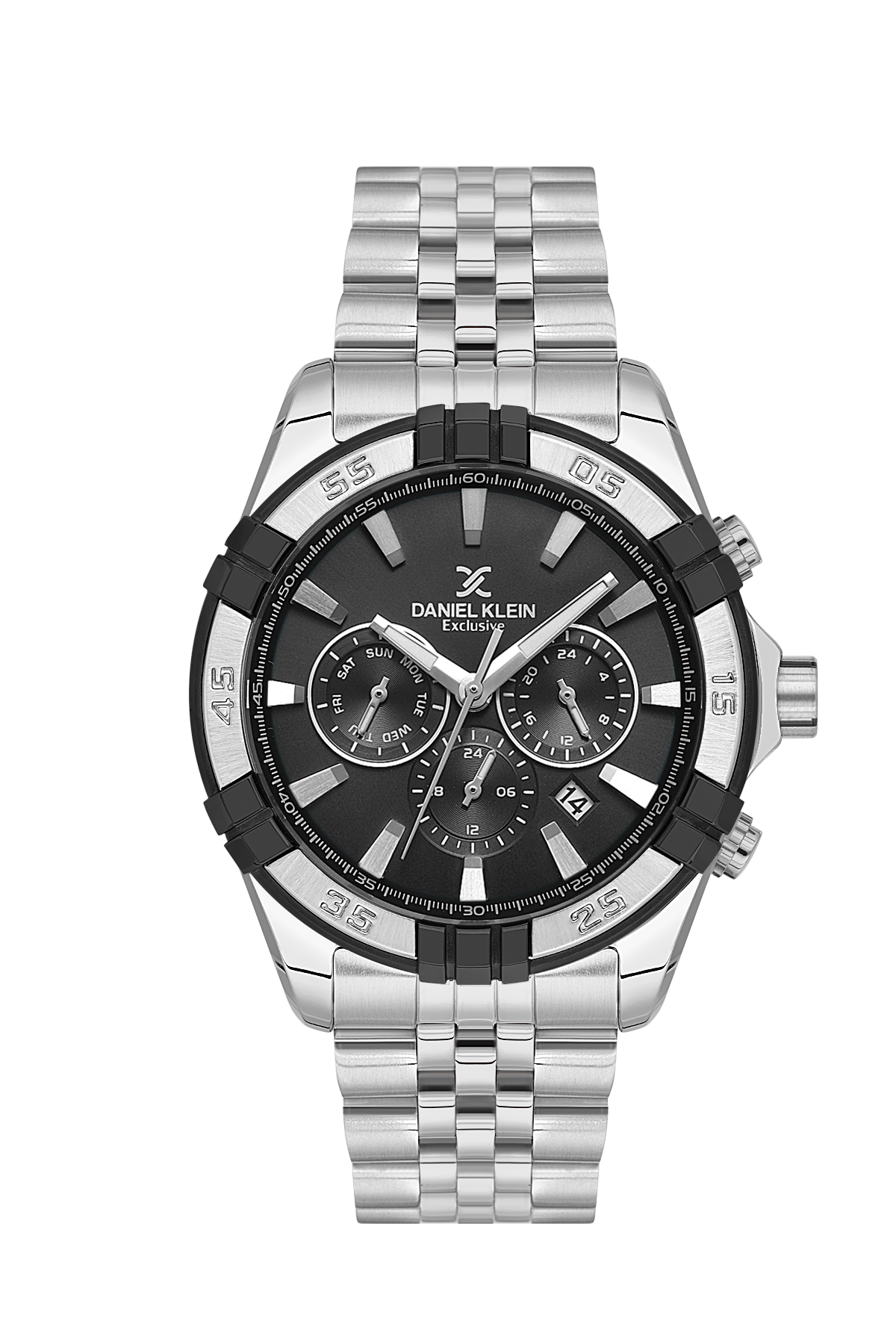 Silver watch with black face on a white background