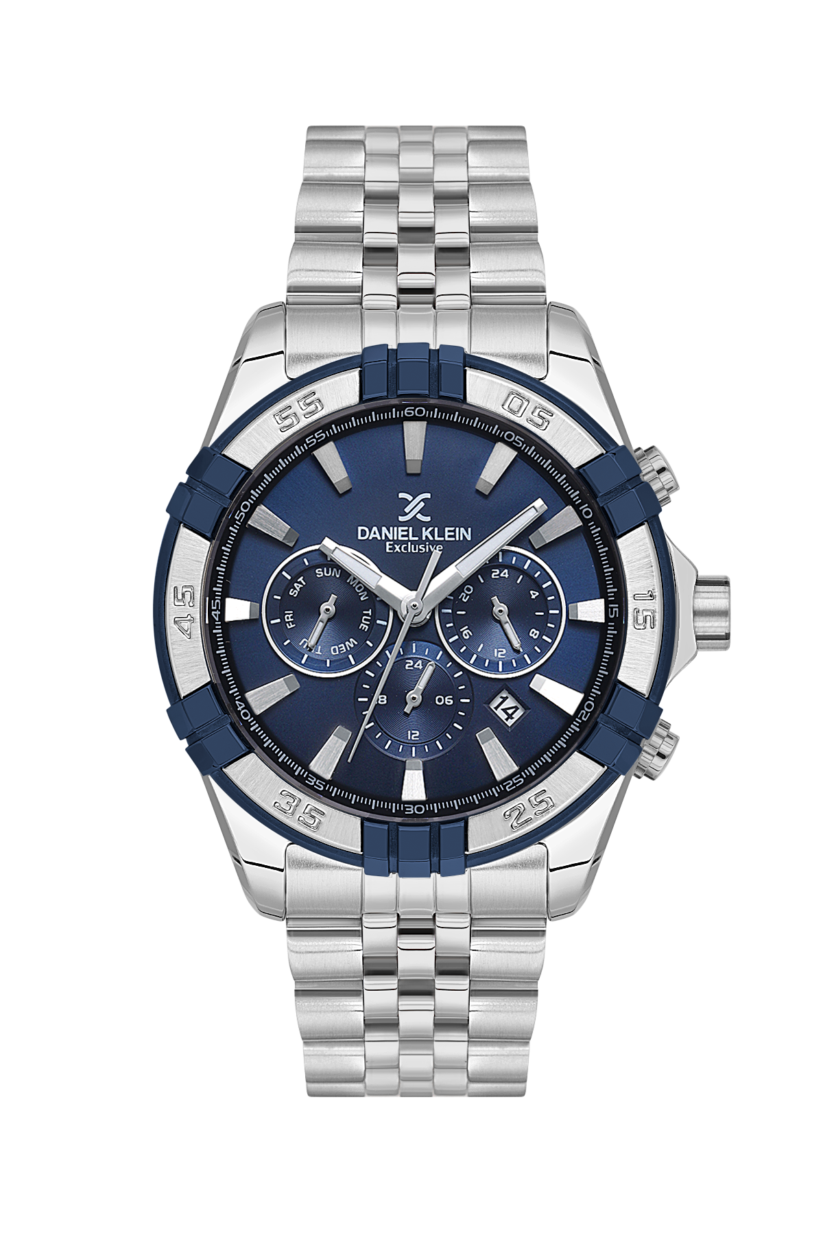 Silver and blue watch with brand name on a white background