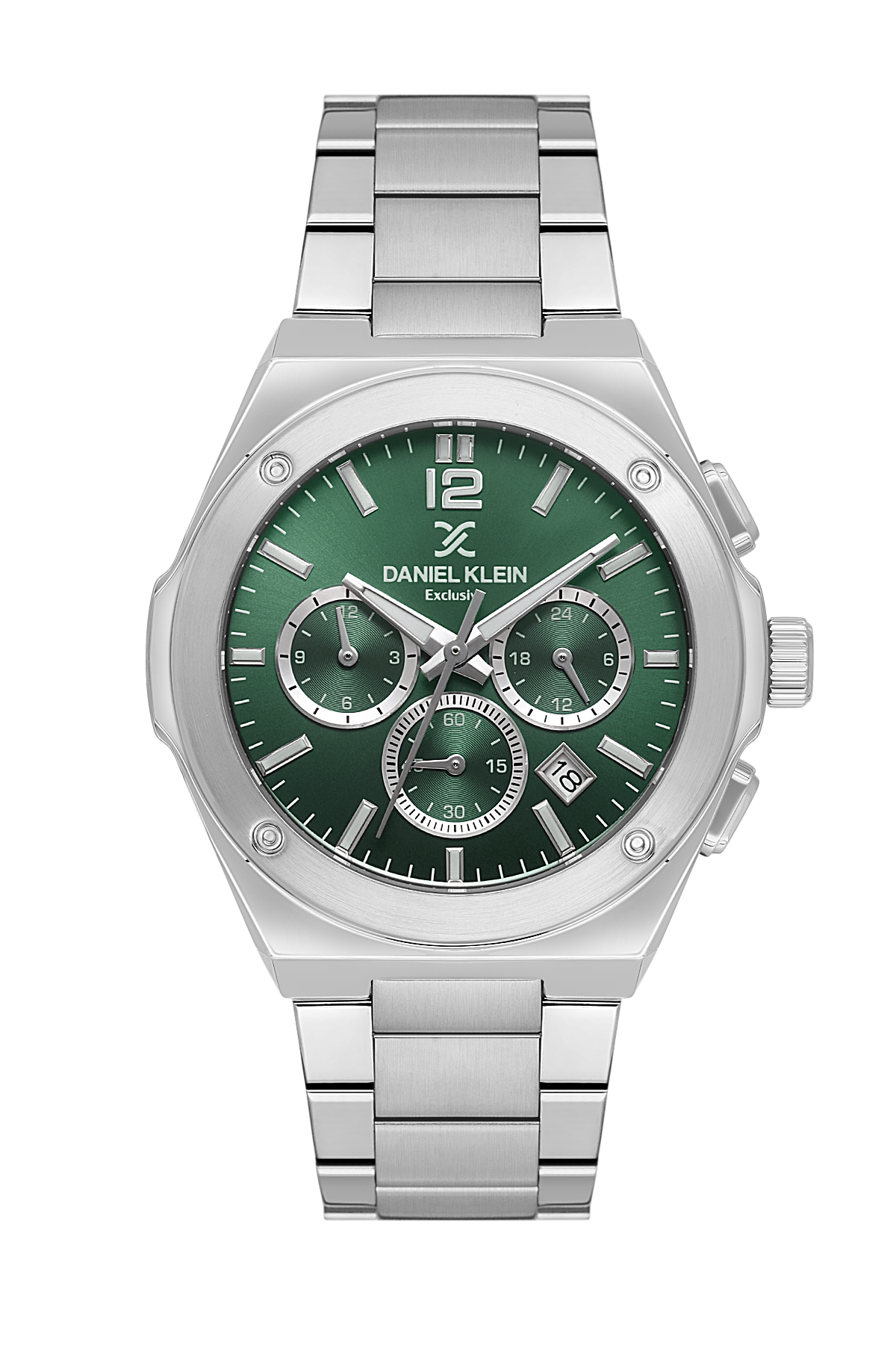Silver watch with green dial on a white background
