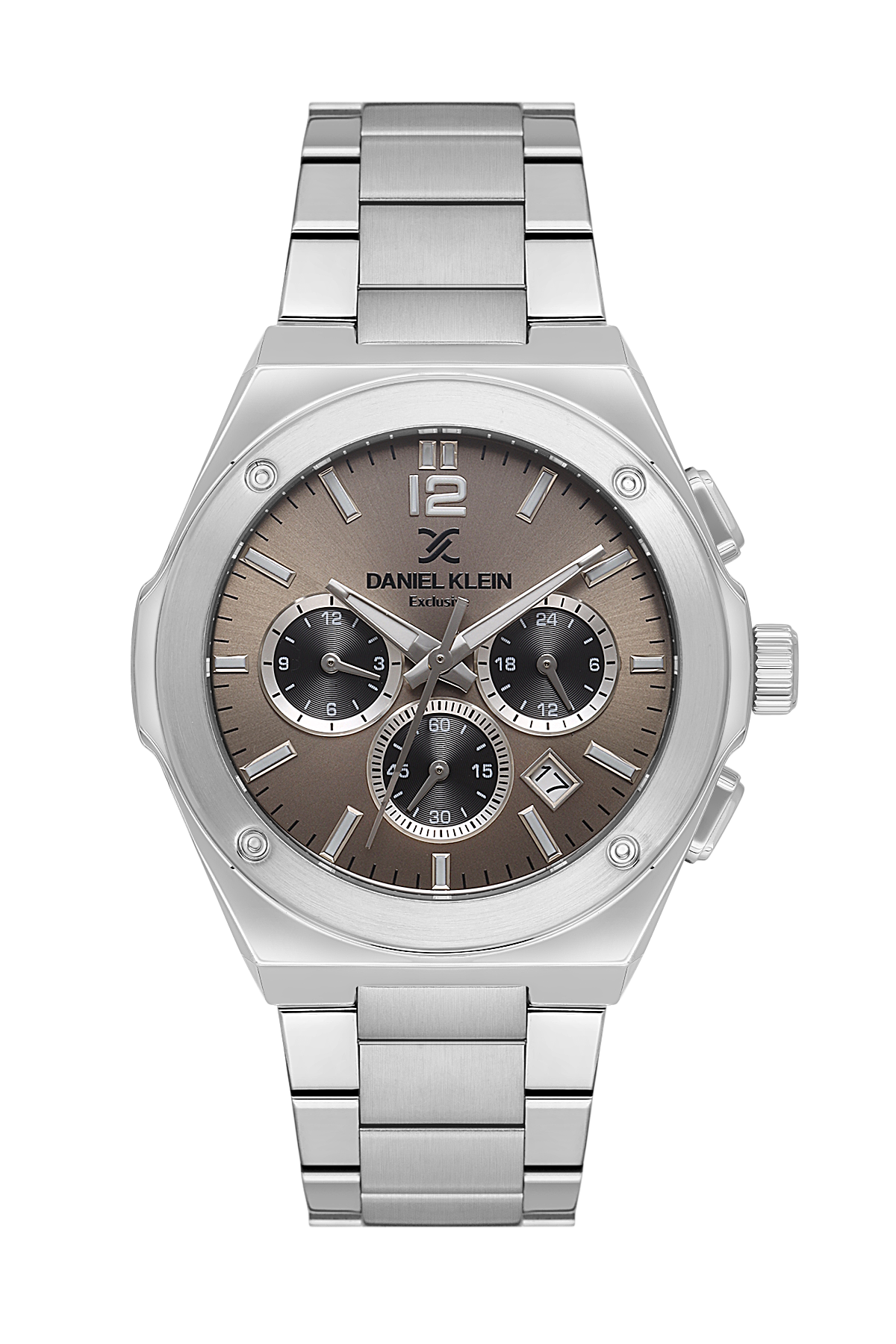 Silver watch with a brown face on a white background