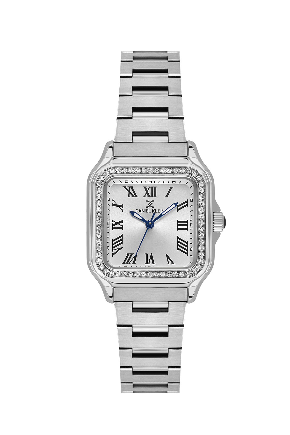 Silver watch with diamond-studded bezel on a white background