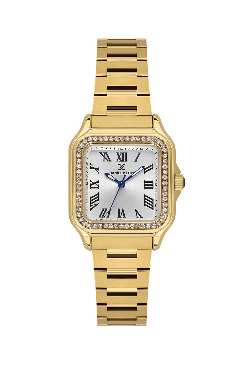 Gold wristwatch with a white face and Roman numeral markers on a white background