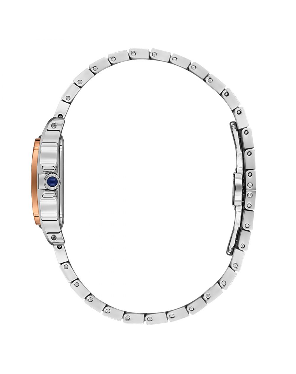 Silver watch with rose gold accents on a white background