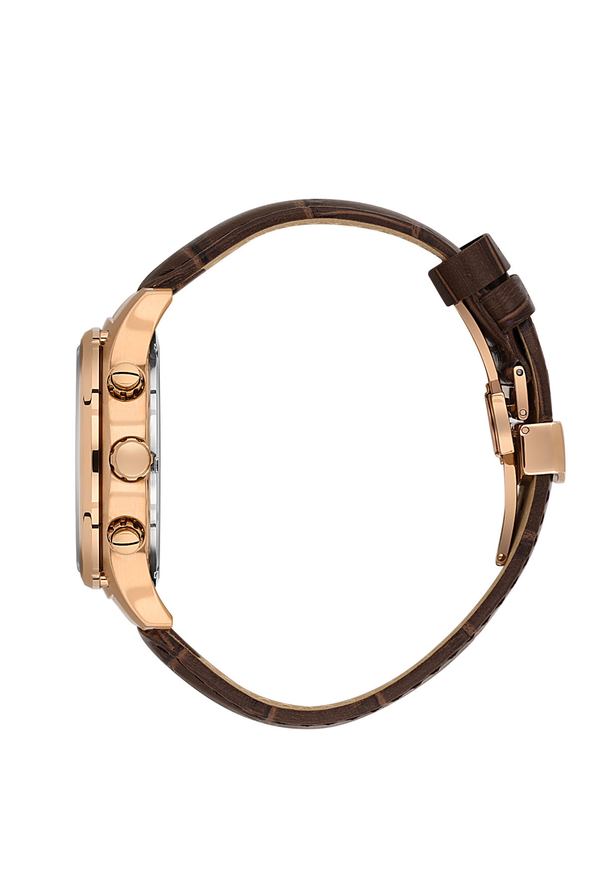 Watch with brown leather strap and rose gold case on a white background
