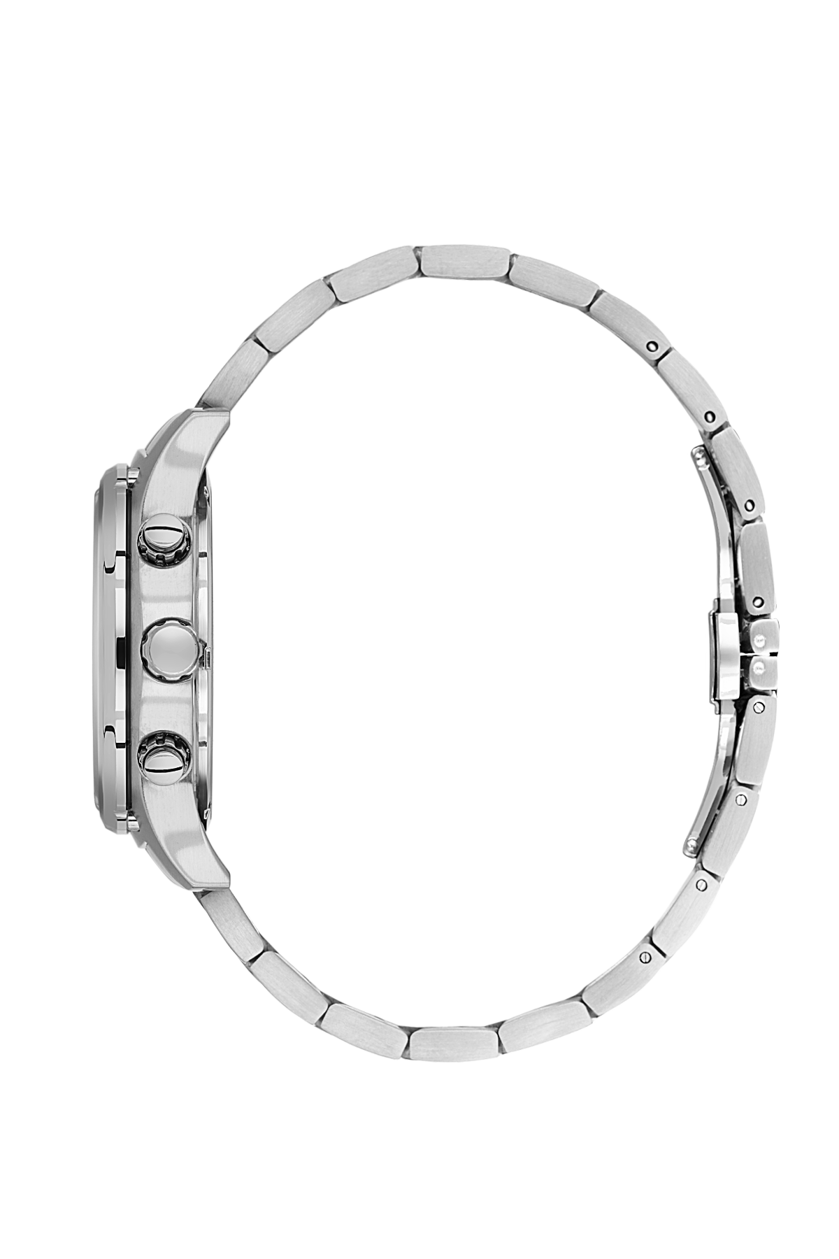 Silver watch with a detailed face on a white background