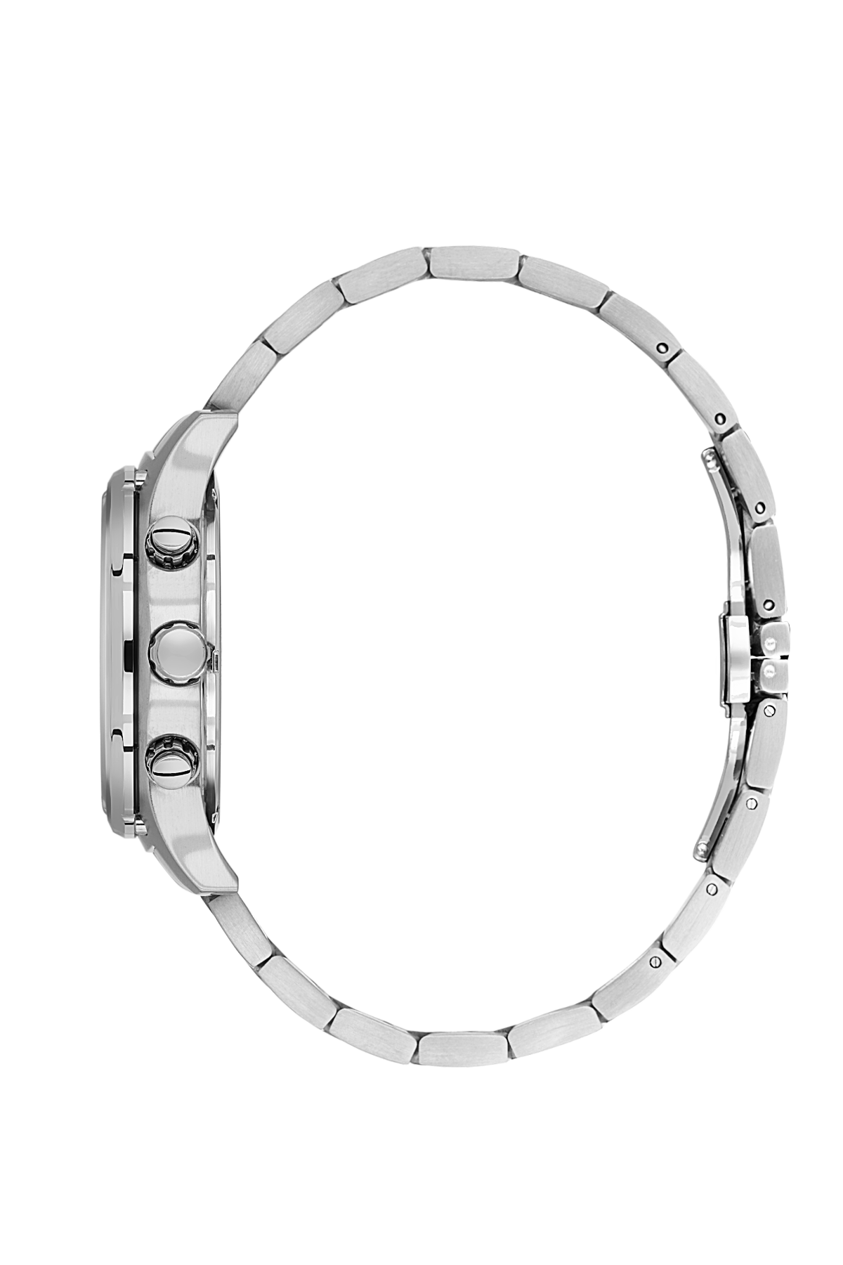 Silver watch with a detailed band on a white background