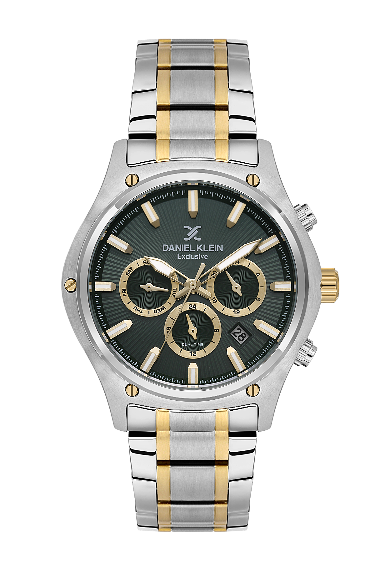 Two-tone watch with silver and gold band on a white background
