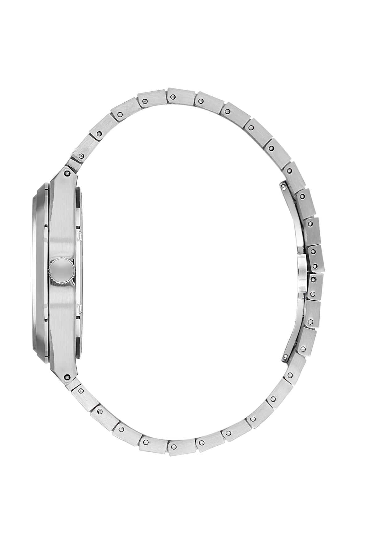 Silver watch with a detailed metal band on a white background