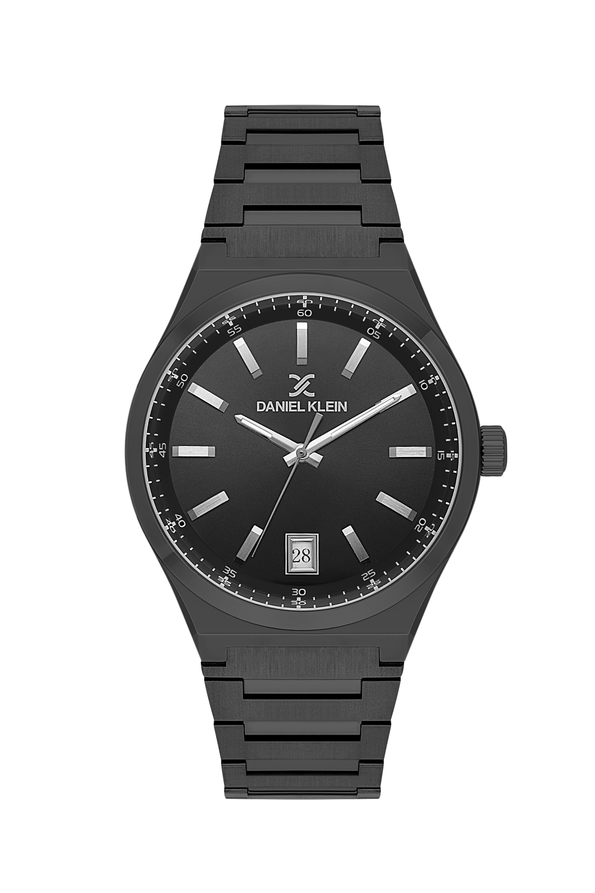 Black Daniel Klein watch with a metallic band on a white background