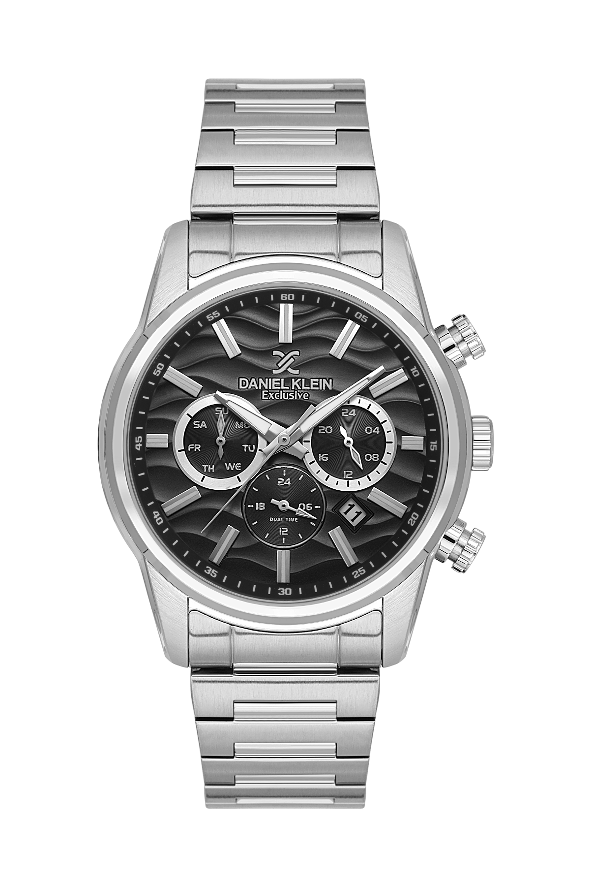 Silver watch with black face on a white background