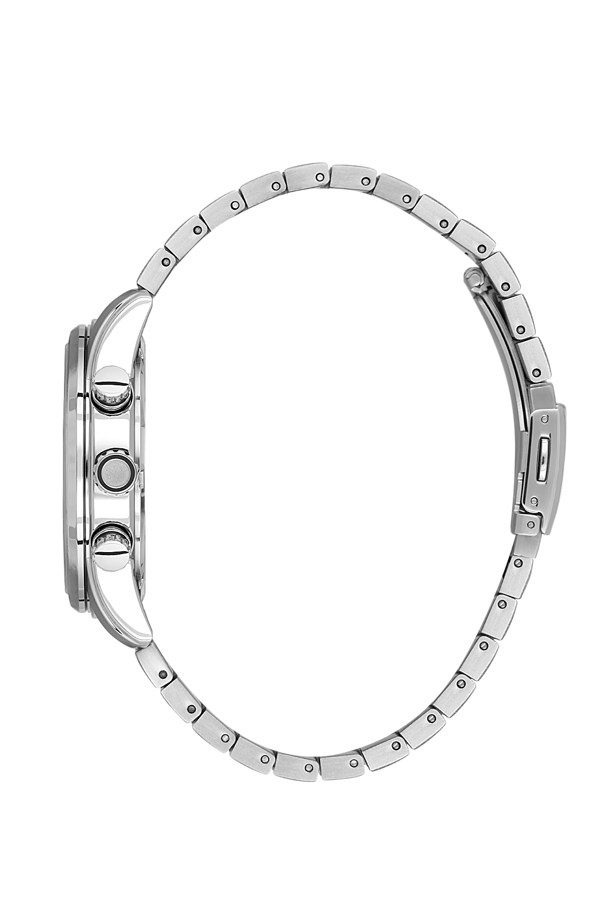 Close-up of a silver watch with detailed design on a white background