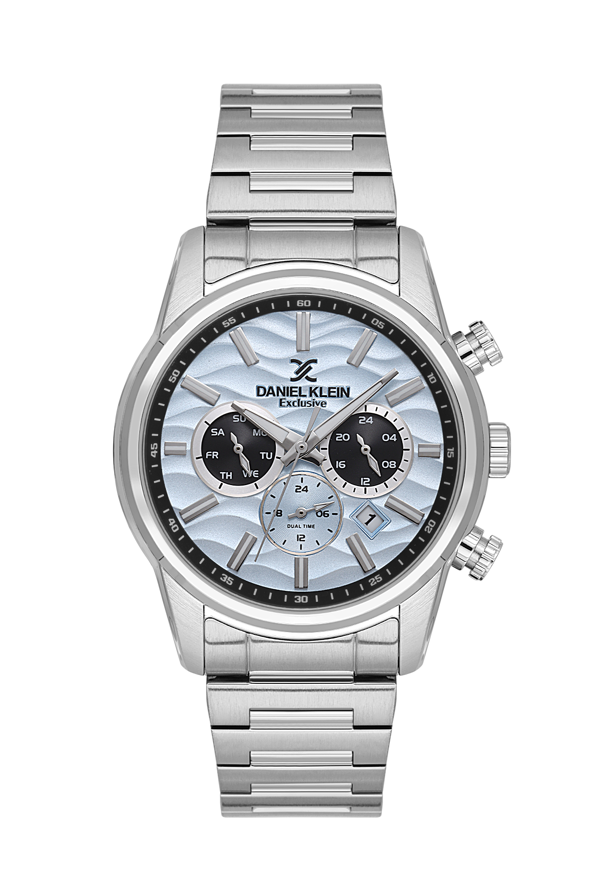 Silver watch with a detailed face on a white background