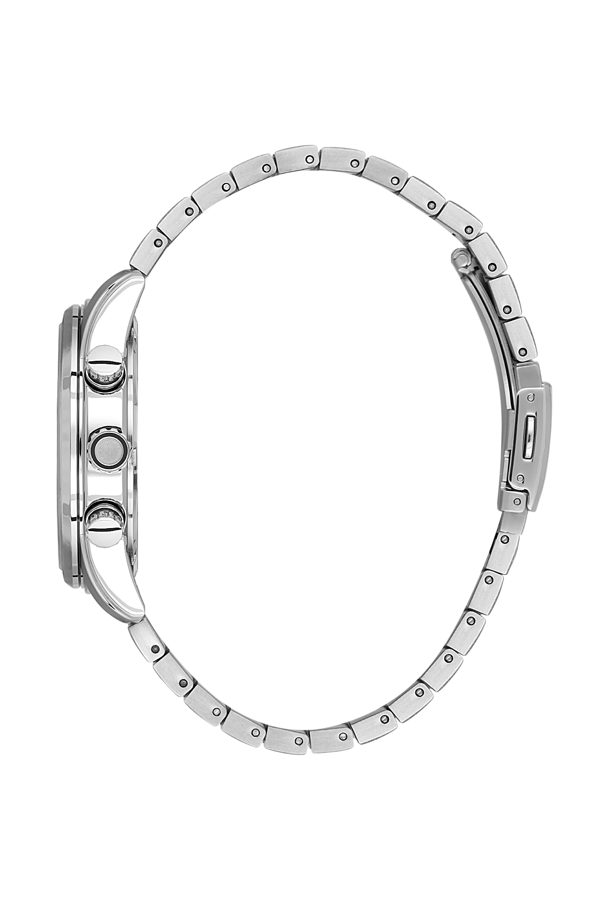 Close-up of a silver watch with detailed case design on a white background