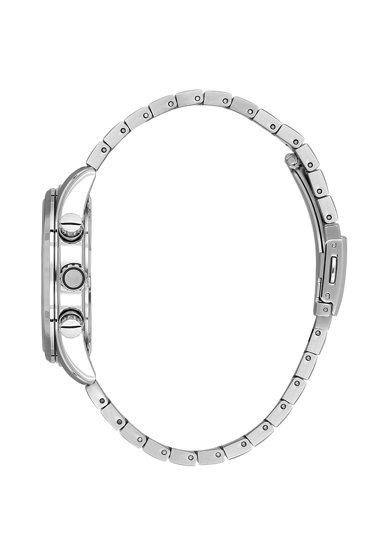 Silver watch with a detailed band on a white background