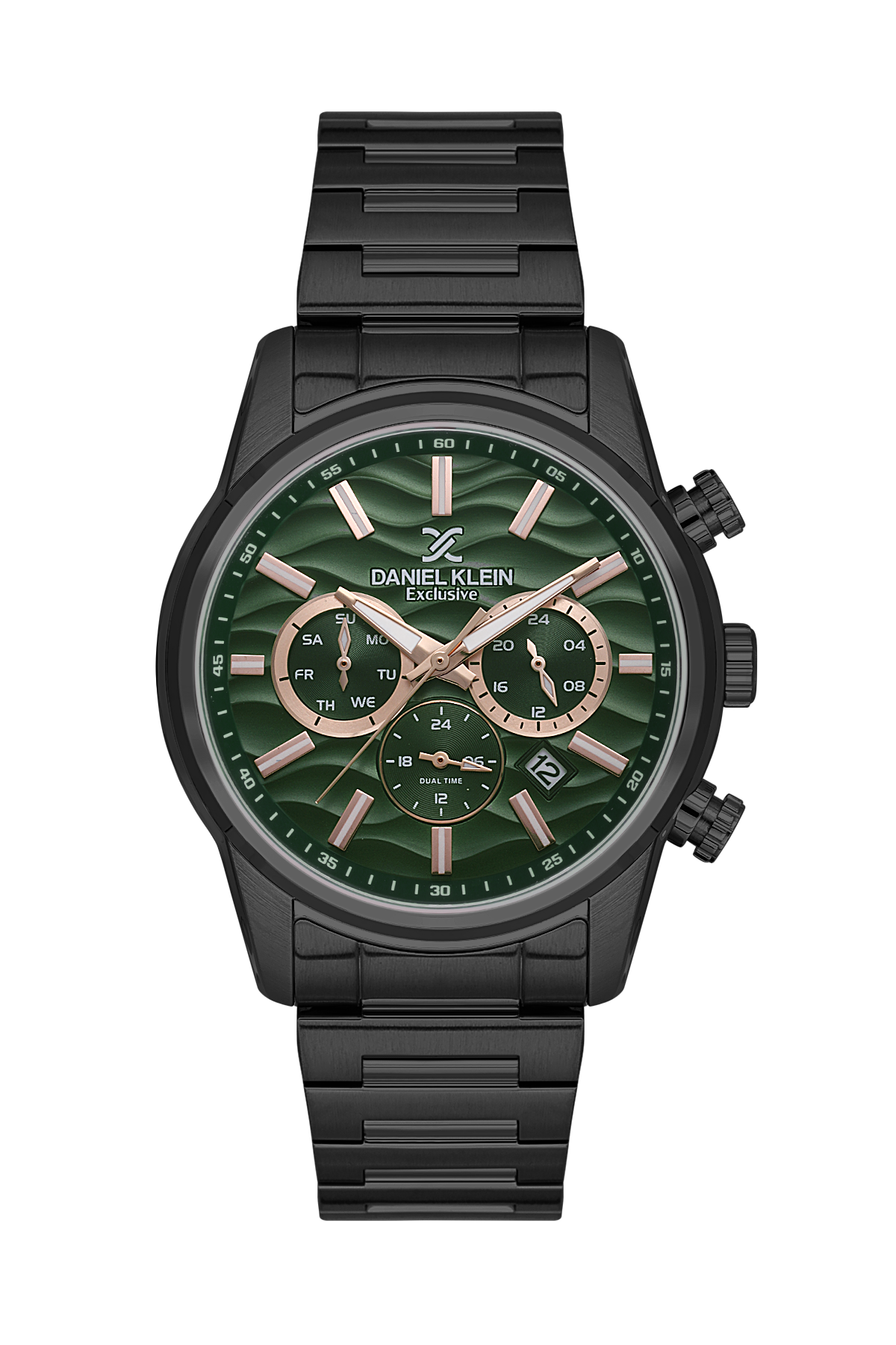 Black watch with green dial and rose gold accents on a white background