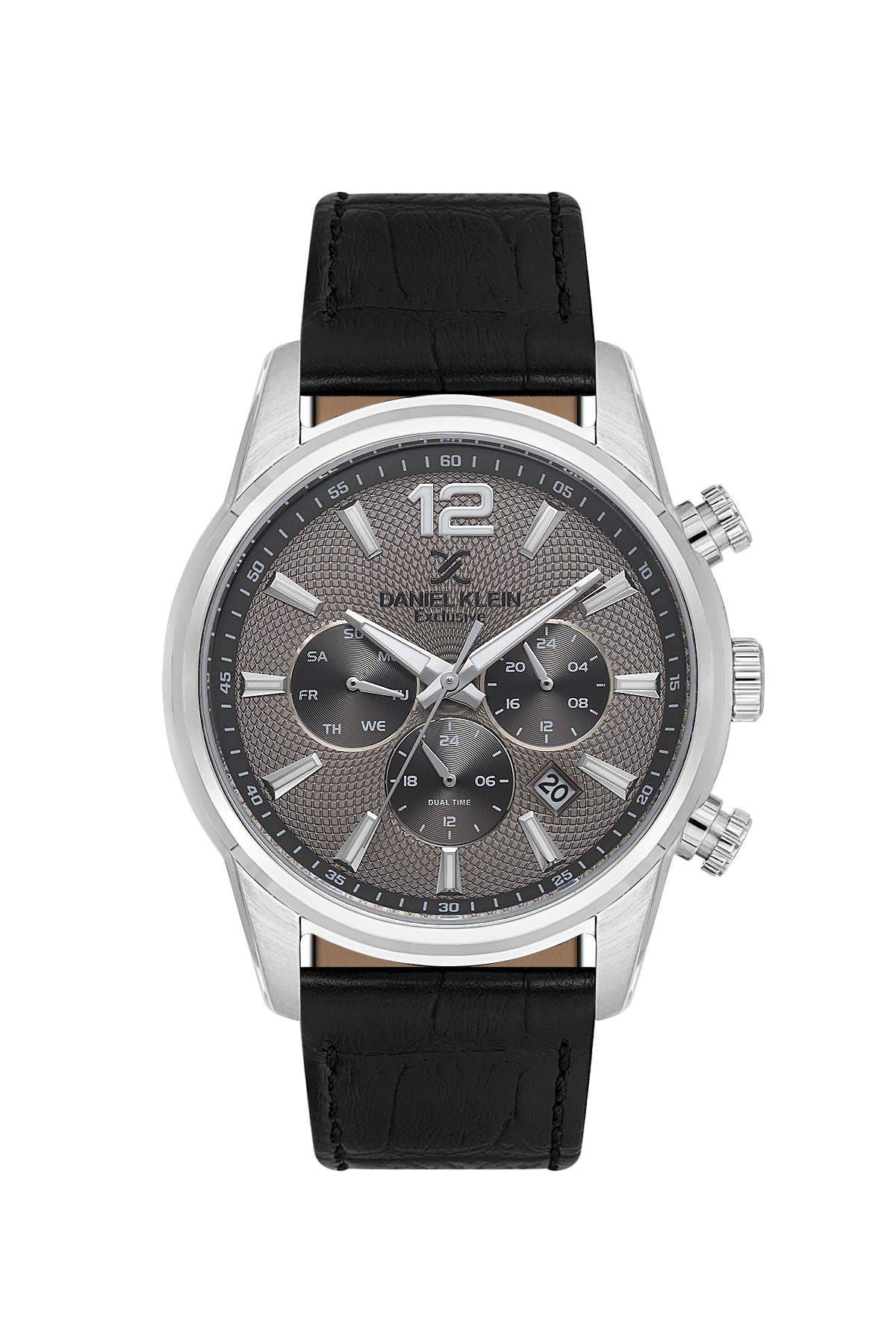 Watch with black leather strap and silver case on a white background