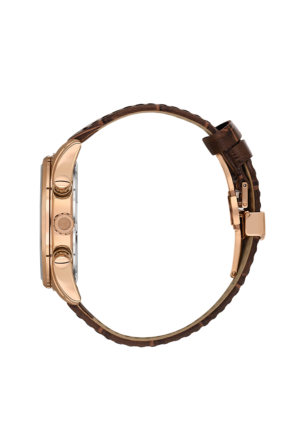 Rose gold watch with brown leather strap on a white background