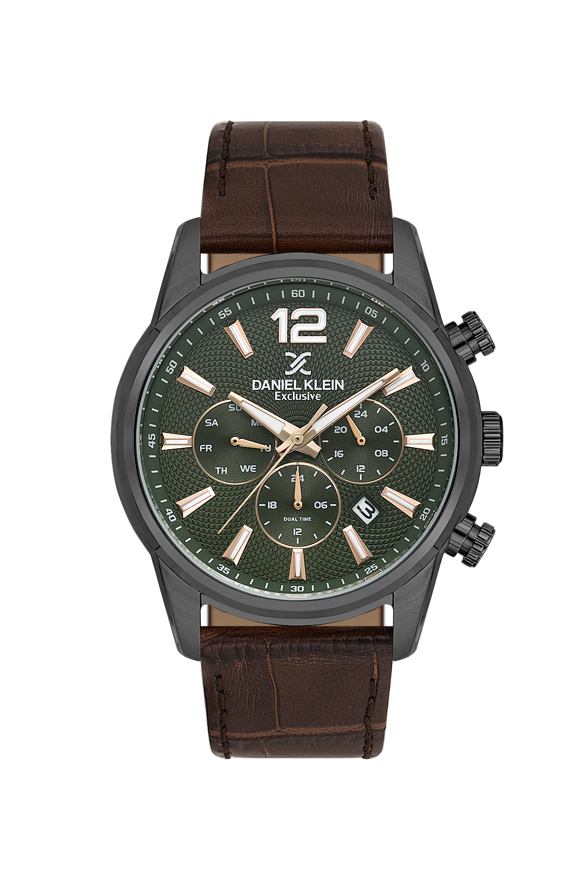 Daniel Klein watch with green dial and brown leather strap on a white background