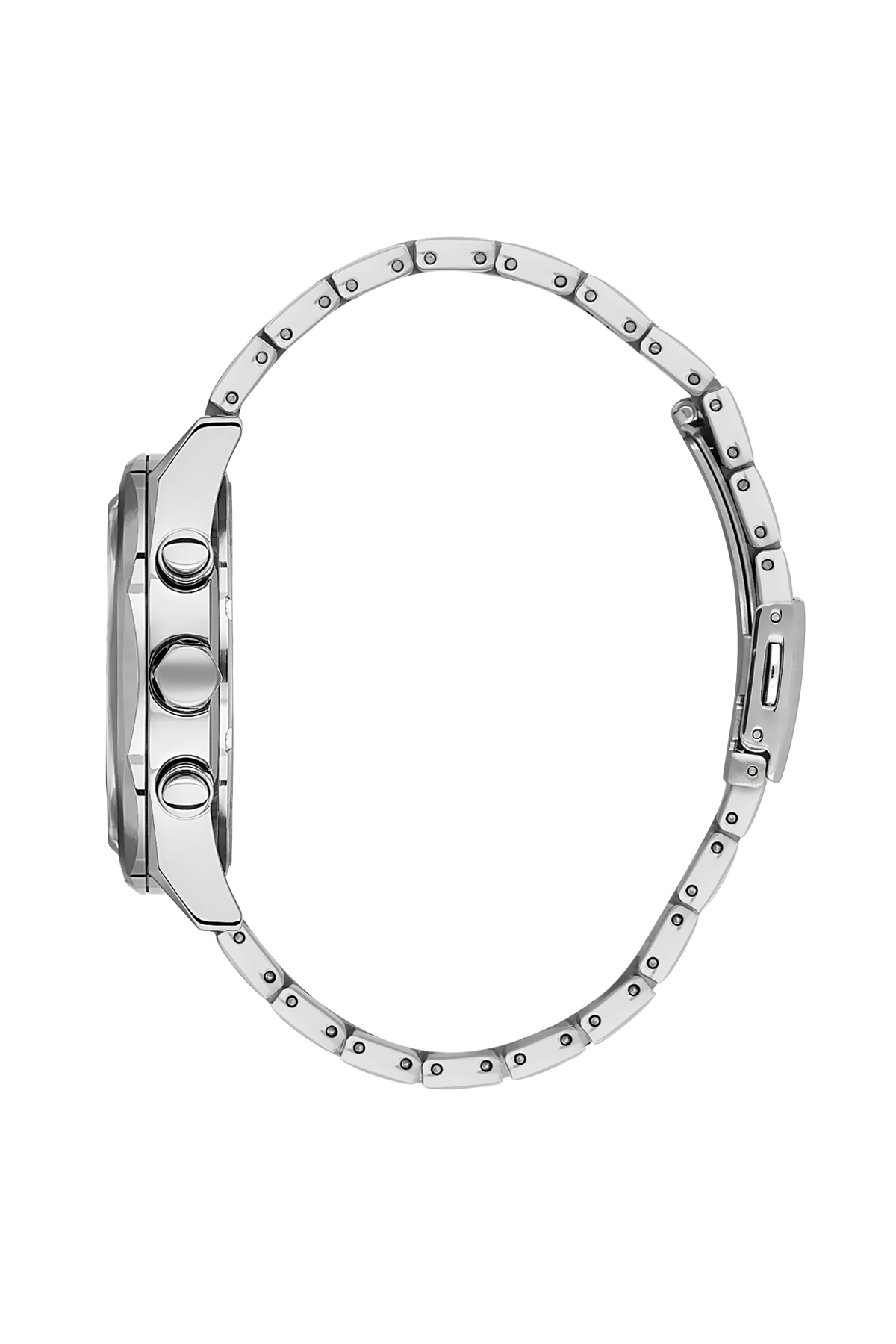 Close-up of a silver watch band on a white background