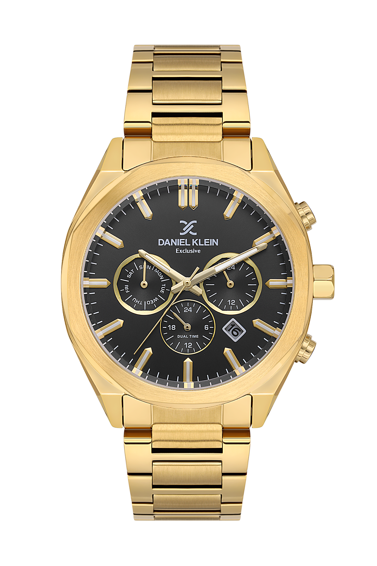 Gold wristwatch with a black dial on a white background, featuring the brand 'Daniel Klein'.
