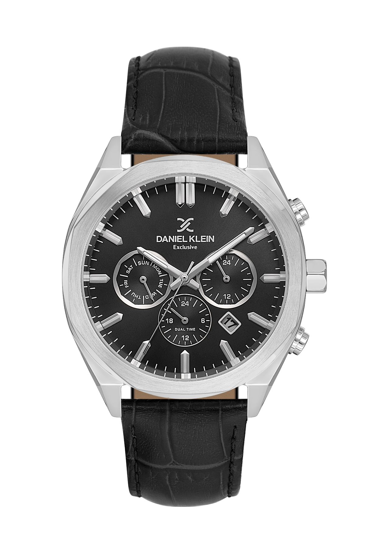 Black wristwatch with silver case and black leather strap on a white background
