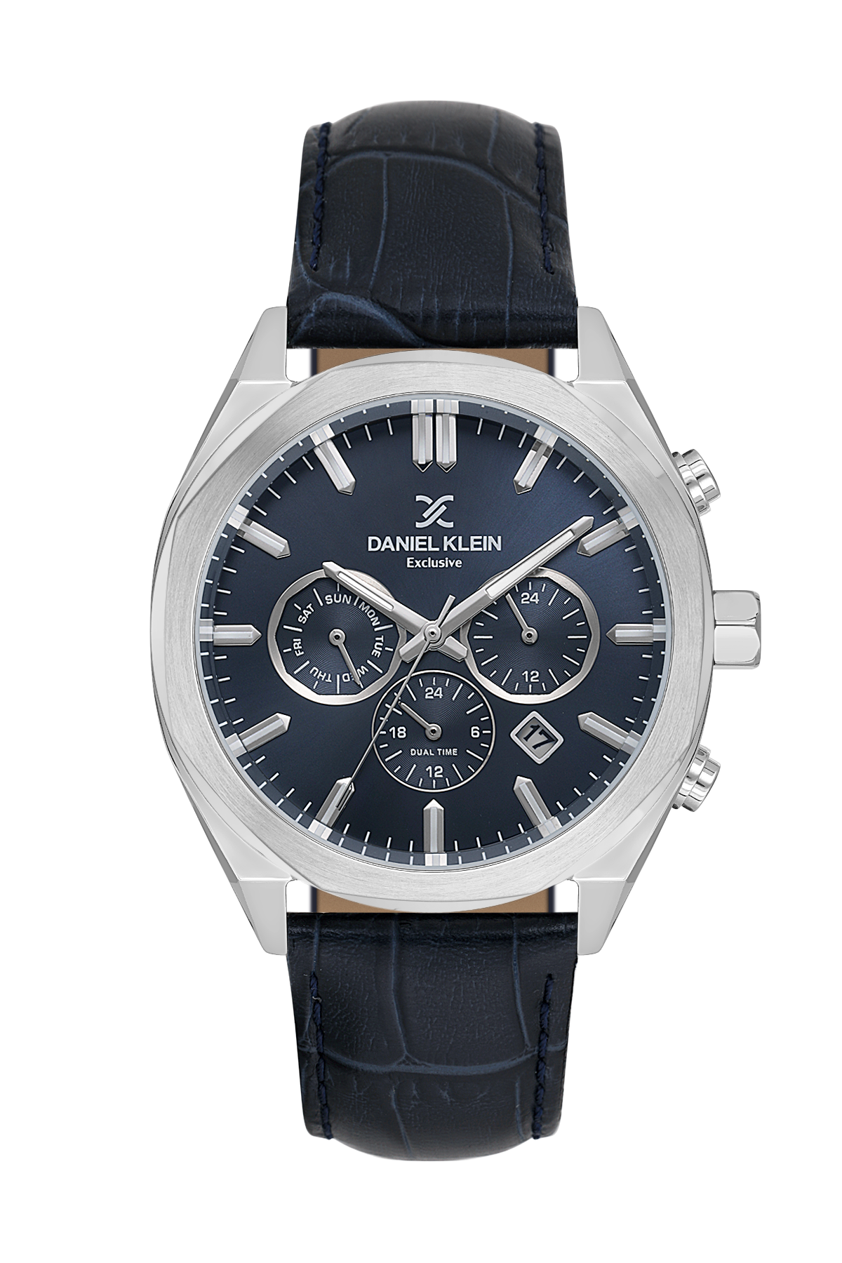 Daniel Klein watch with black leather strap and blue dial on a white background