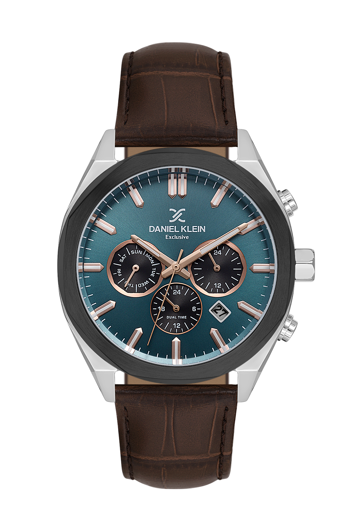 Daniel Klein watch with brown leather strap and blue dial on white background