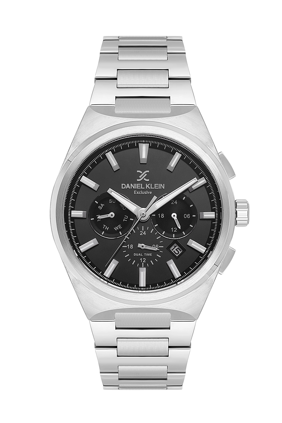 Silver watch with black dial on a white background