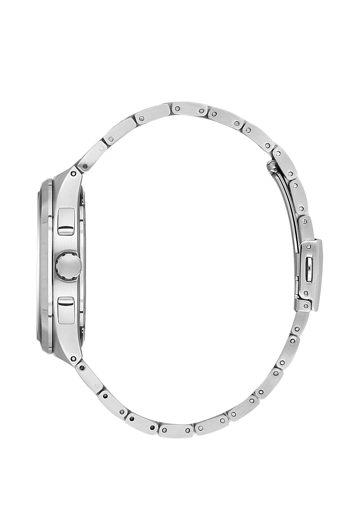 Silver watch case on a white background