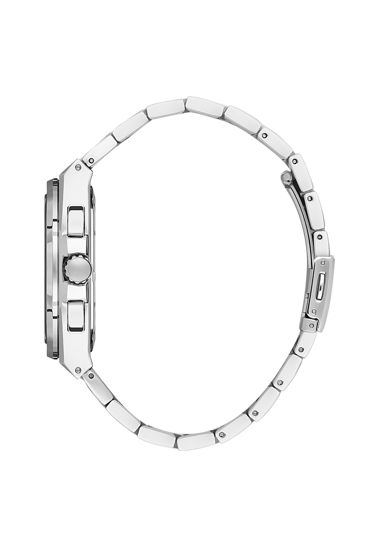 Close-up of a silver watch with detailed design on a white background