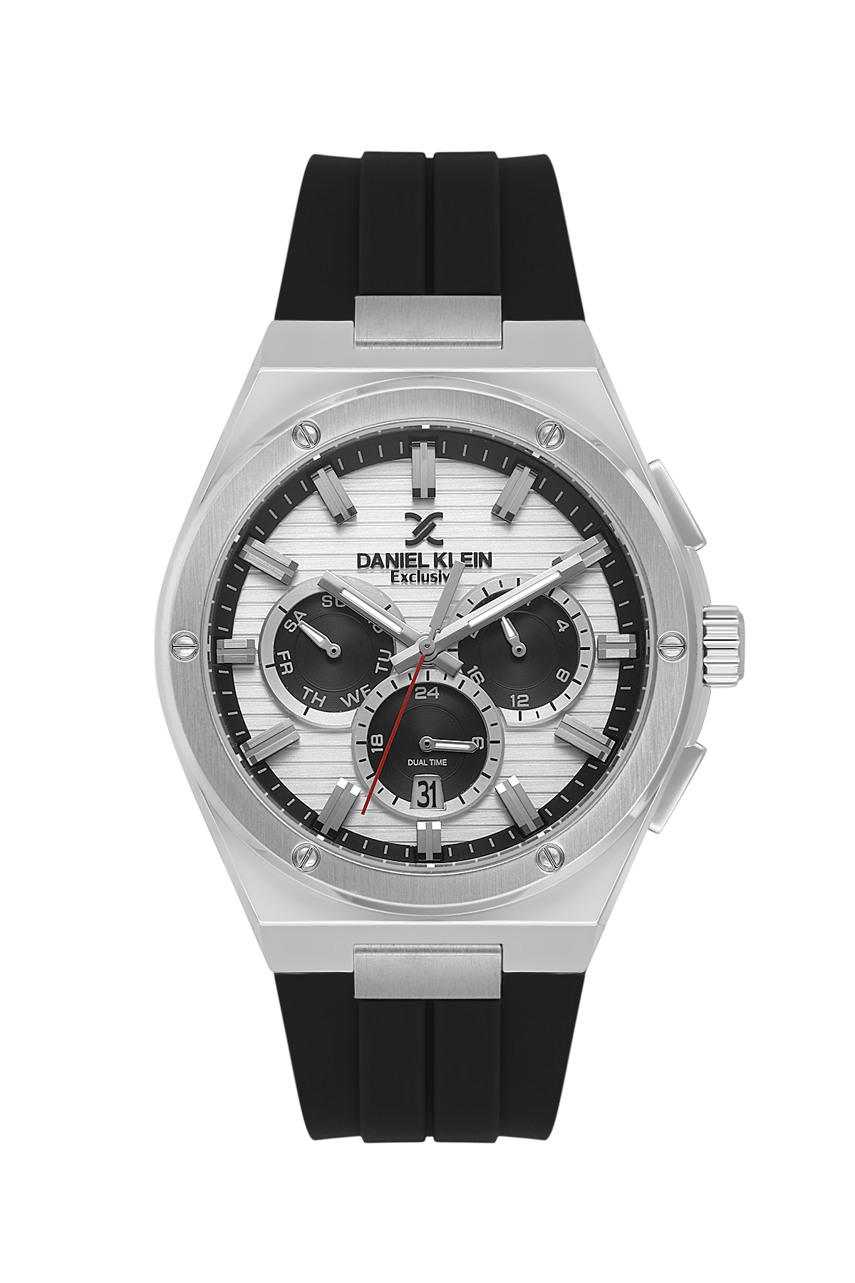 Silver watch with black rubber strap on a white background