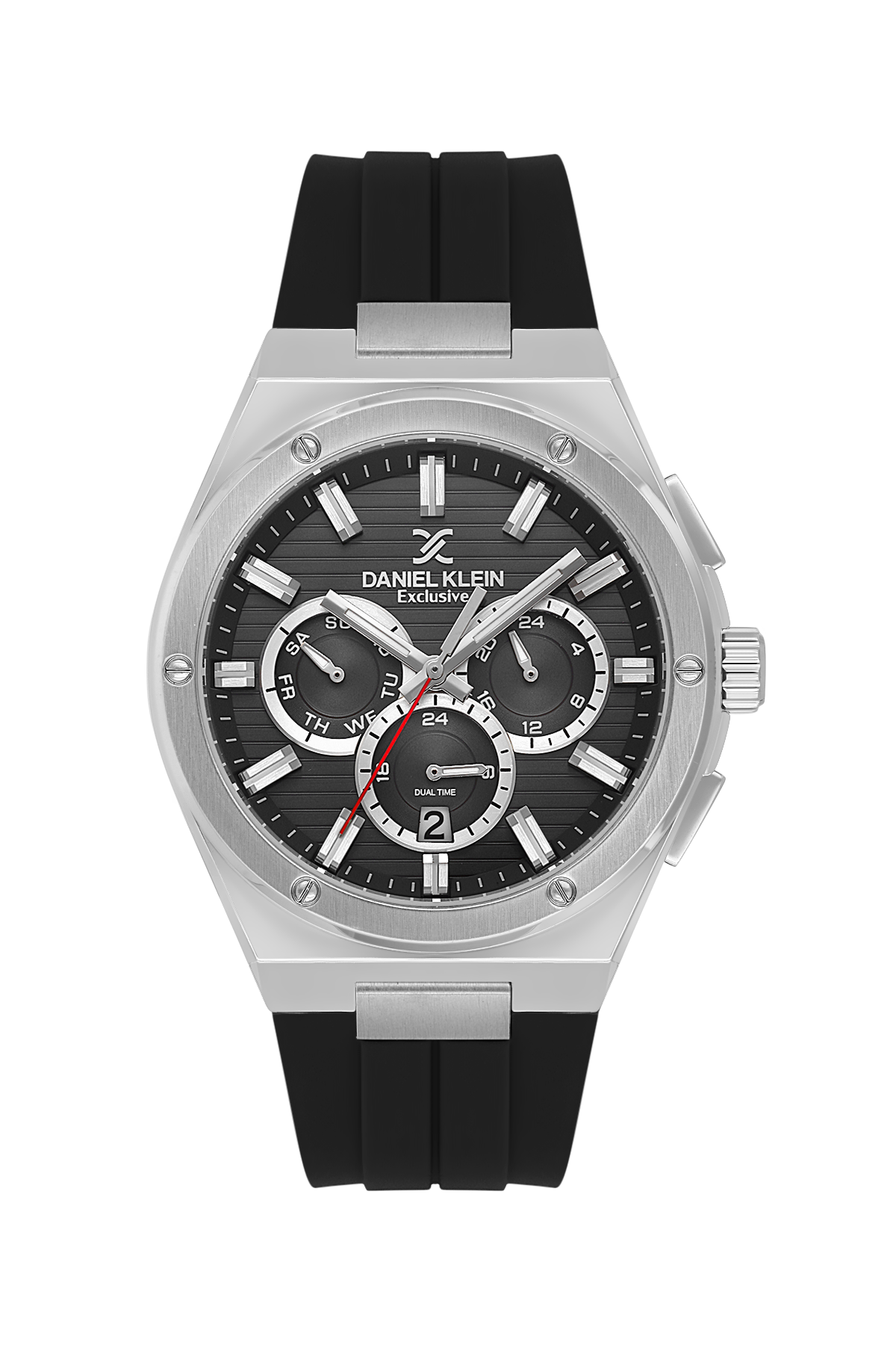 Daniel Klein watch with black rubber strap and black dial on a white background