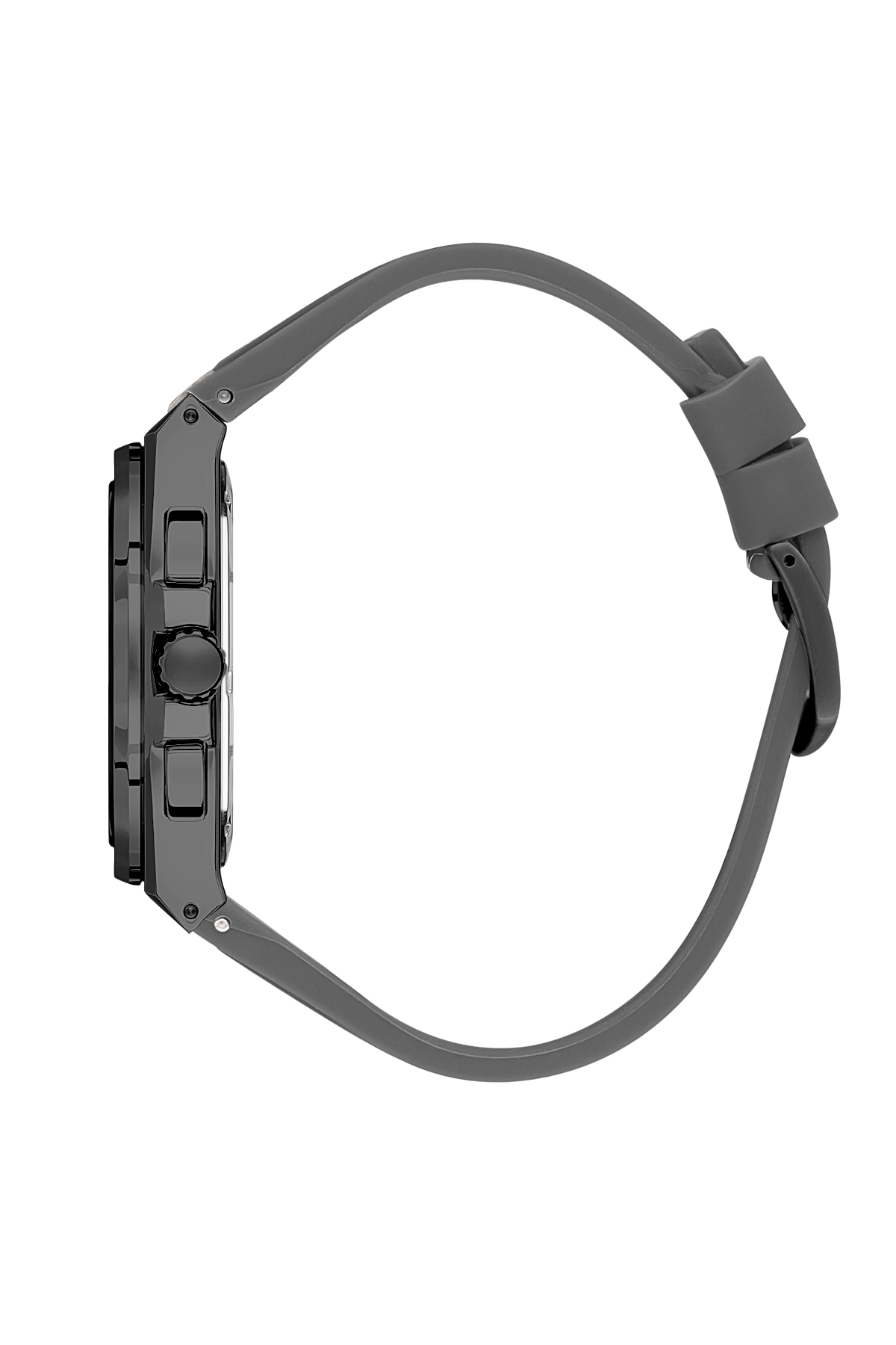 Black wristwatch with gray strap on a white background