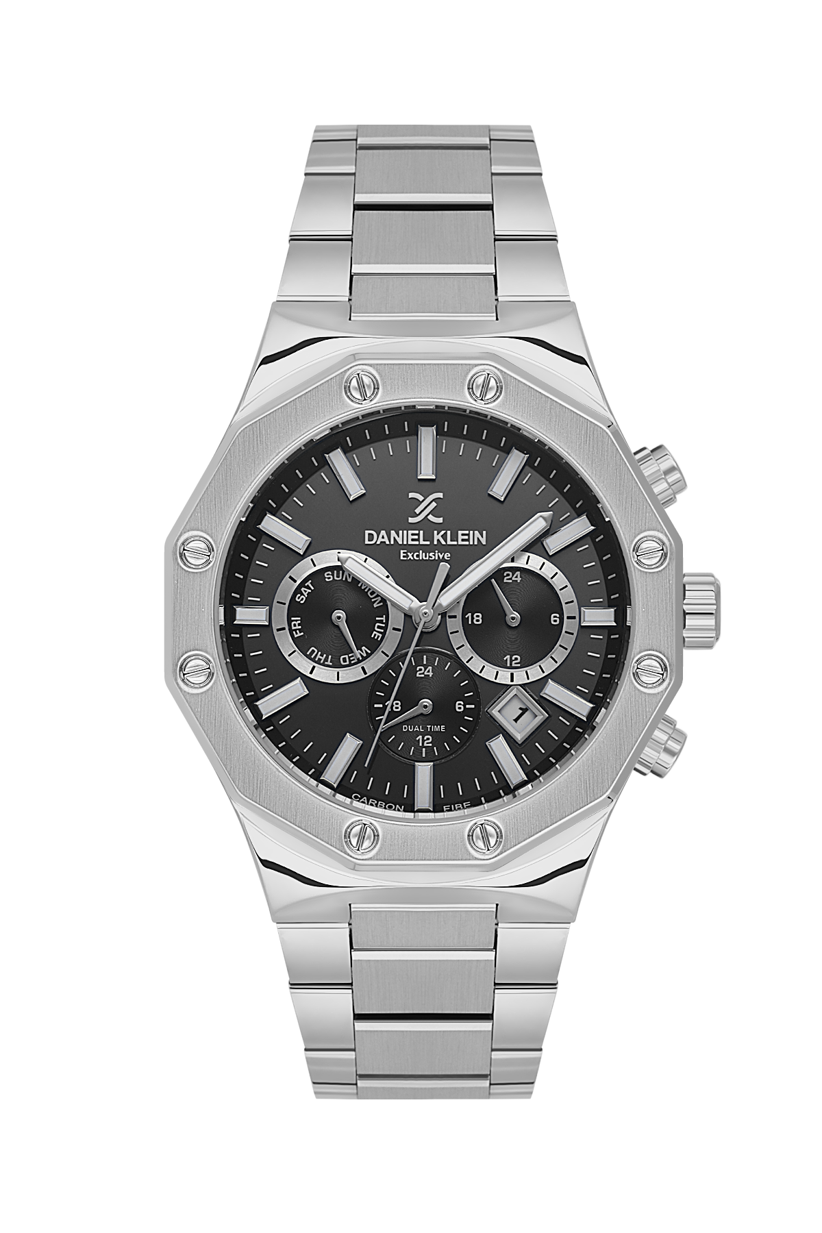 Silver watch with black dial on a white background
