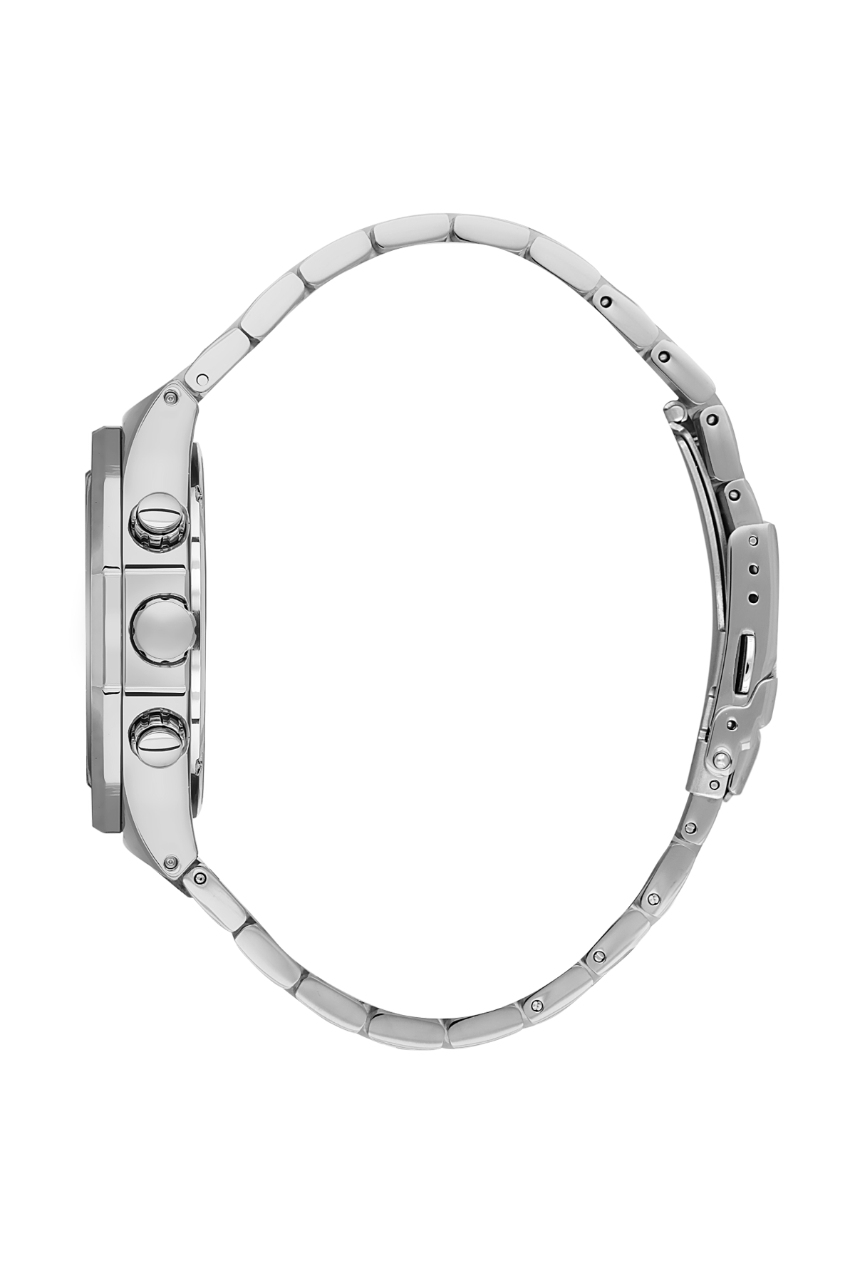 Close-up of a silver watch with a white background